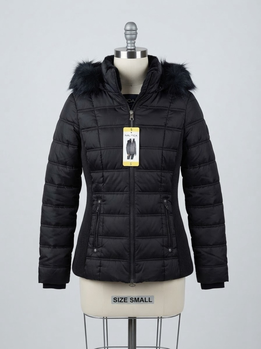 Nautica Women's Black Quilted Puffer Jacket with Faux Fur Hood Trim